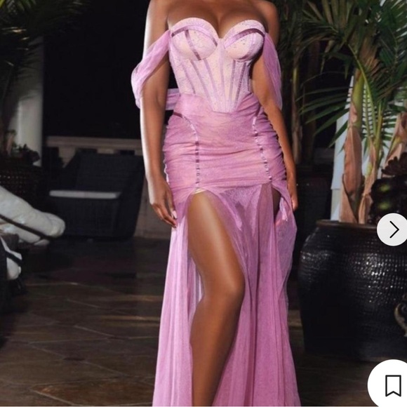 Miss Circle Yaira Purple Lavendar Lace Corset Slit Sheer Tule Ribbon Maxi Dress - Picture 1 of 8